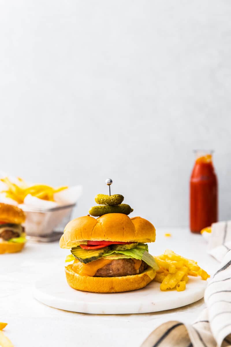 air fryer turkey cheeseburger on serving tray