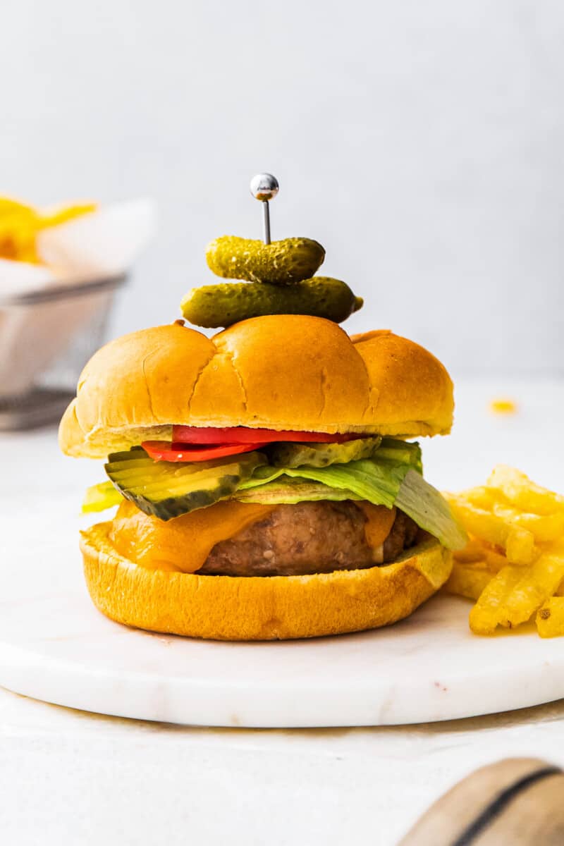 air fryer turkey cheeseburger on serving tray