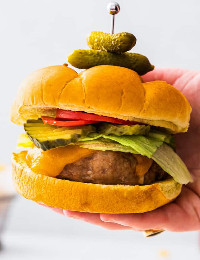 up close holding up air fryer turkey burger