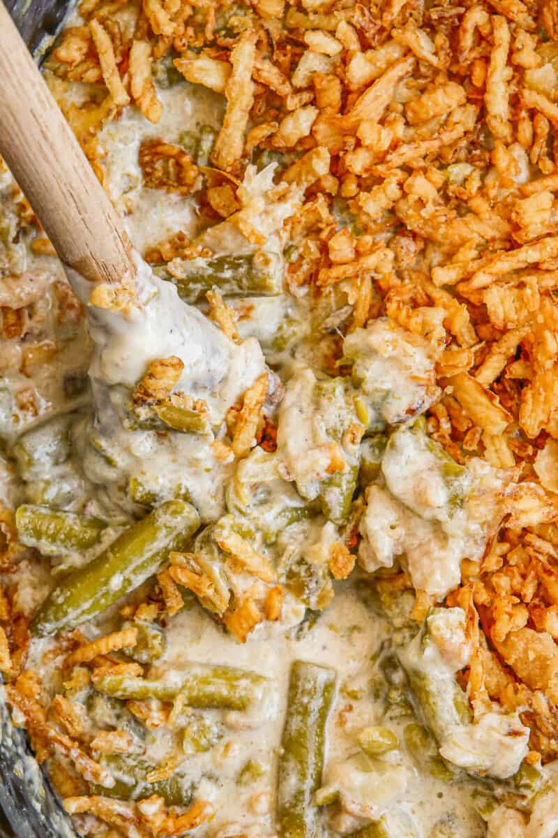 crockpot filled with green bean casserole
