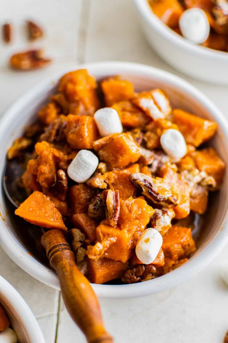 up close bowl of sweet potato casserole made in slow cooker