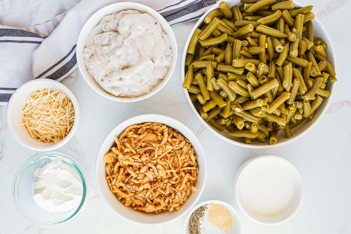 Ingredients to make green bean casserole.
