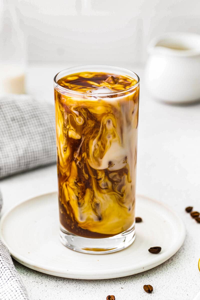 iced caramel latte in tall clear glass