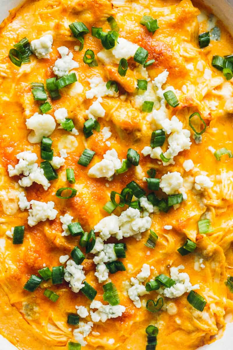 instant pot buffalo chicken dip with blue cheese in baking dish