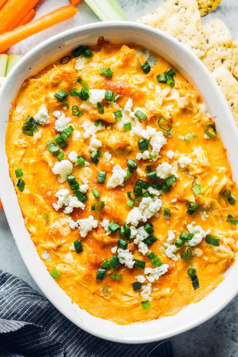 instant pot buffalo chicken dip with blue cheese in baking dish