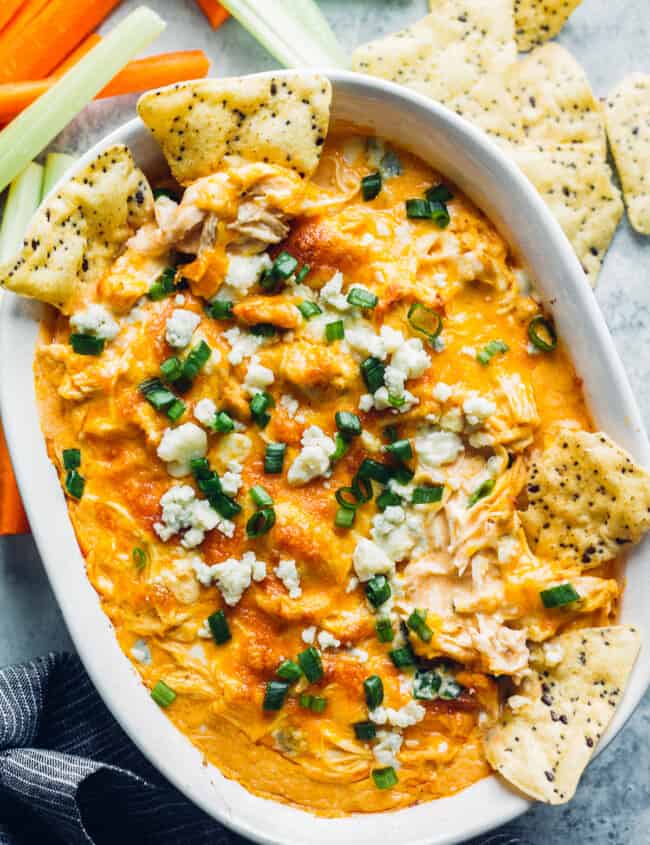 dish with instant pot buffalo chicken dip with chips