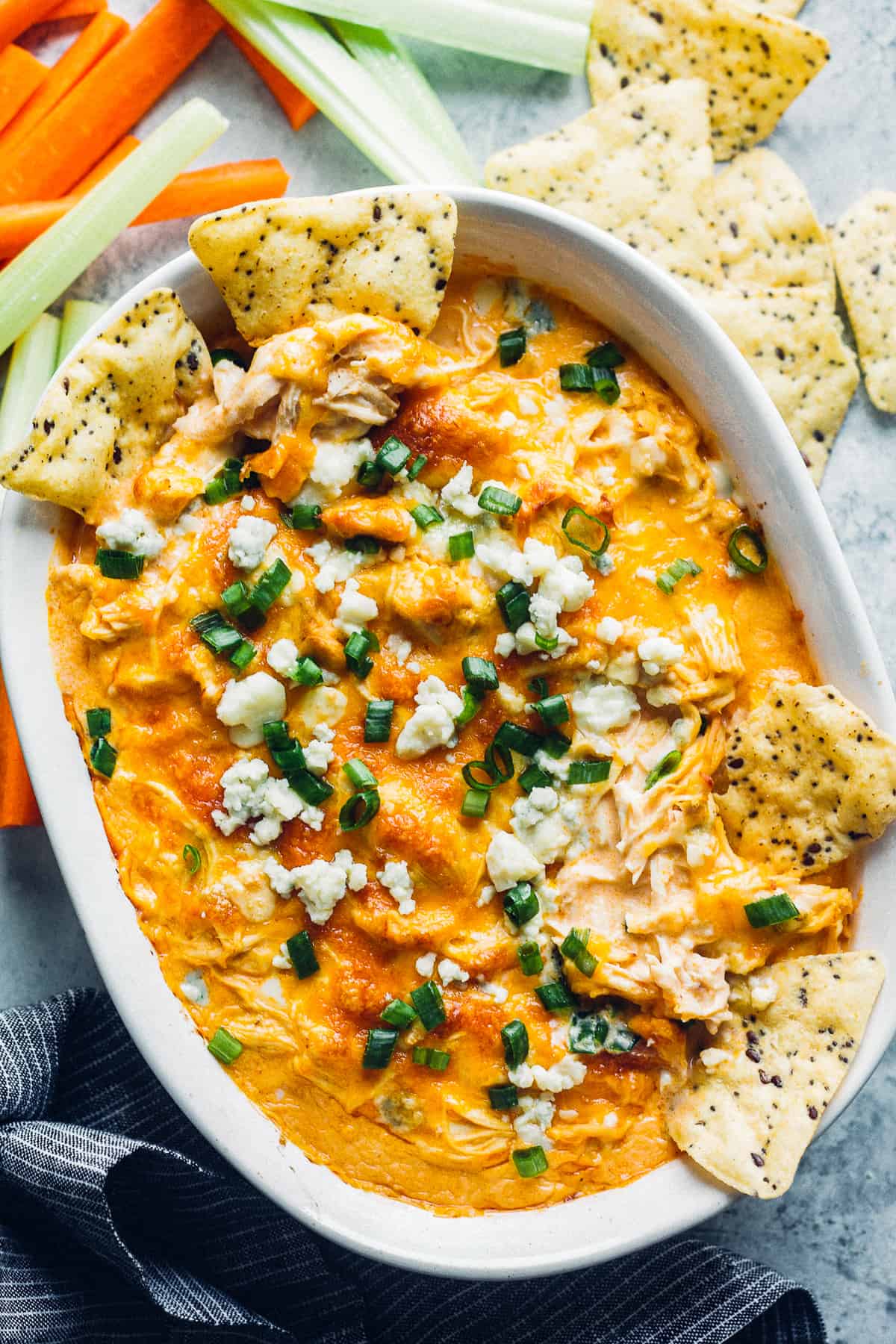 dish with instant pot buffalo chicken dip with chips