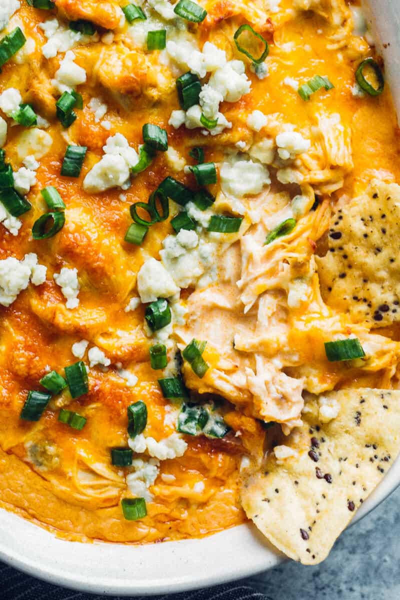 up close dish with instant pot buffalo chicken dip with chips