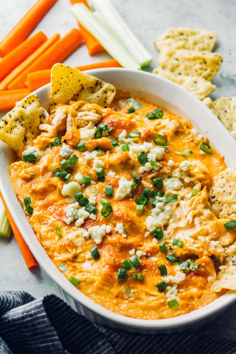 dish with instant pot buffalo chicken dip with chips