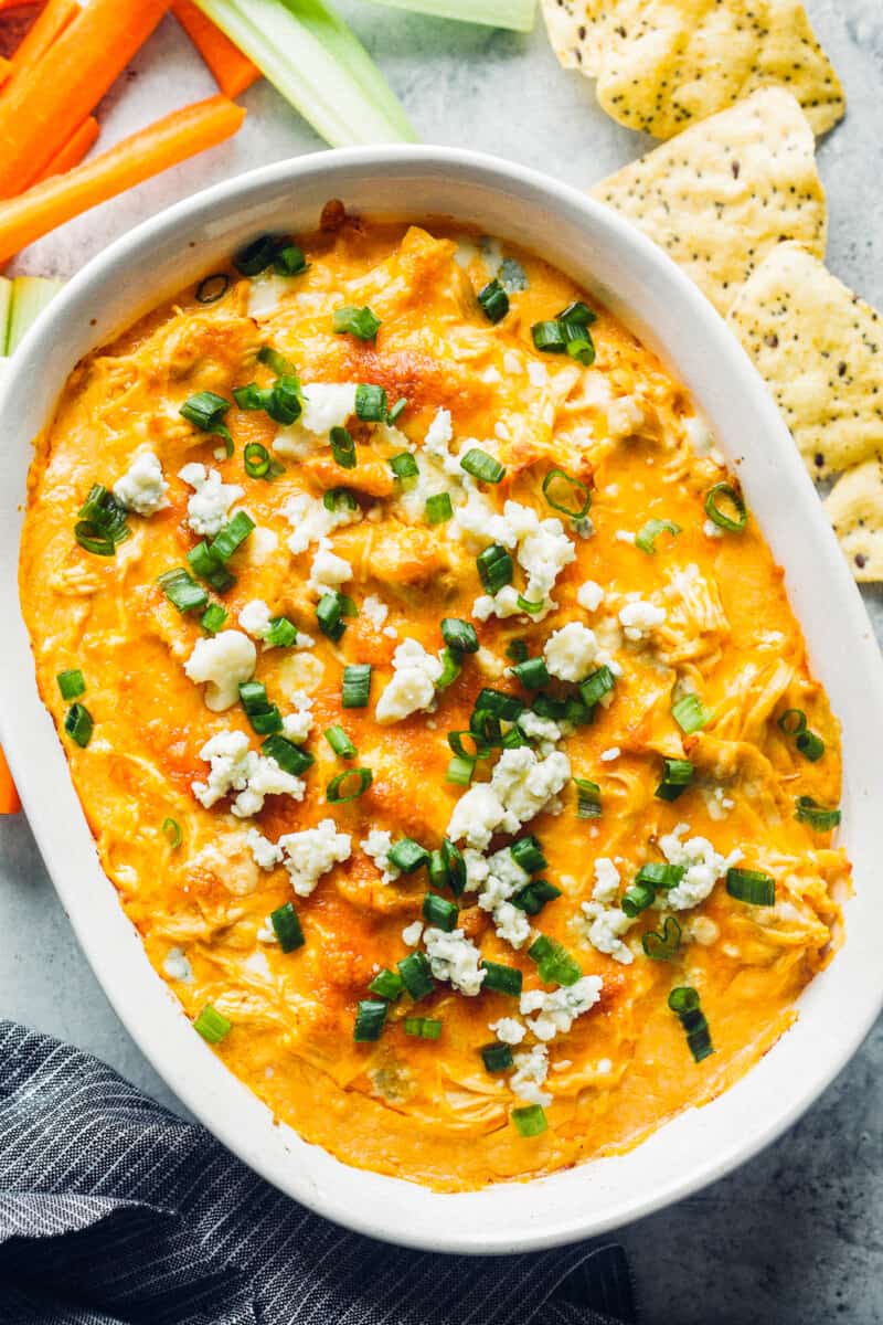 instant pot buffalo chicken dip in baking dish