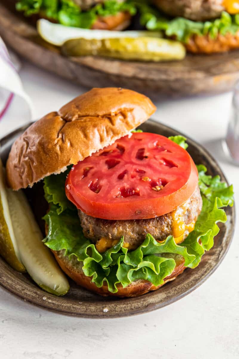 juicy lucy turkey burger with lettuce and tomato