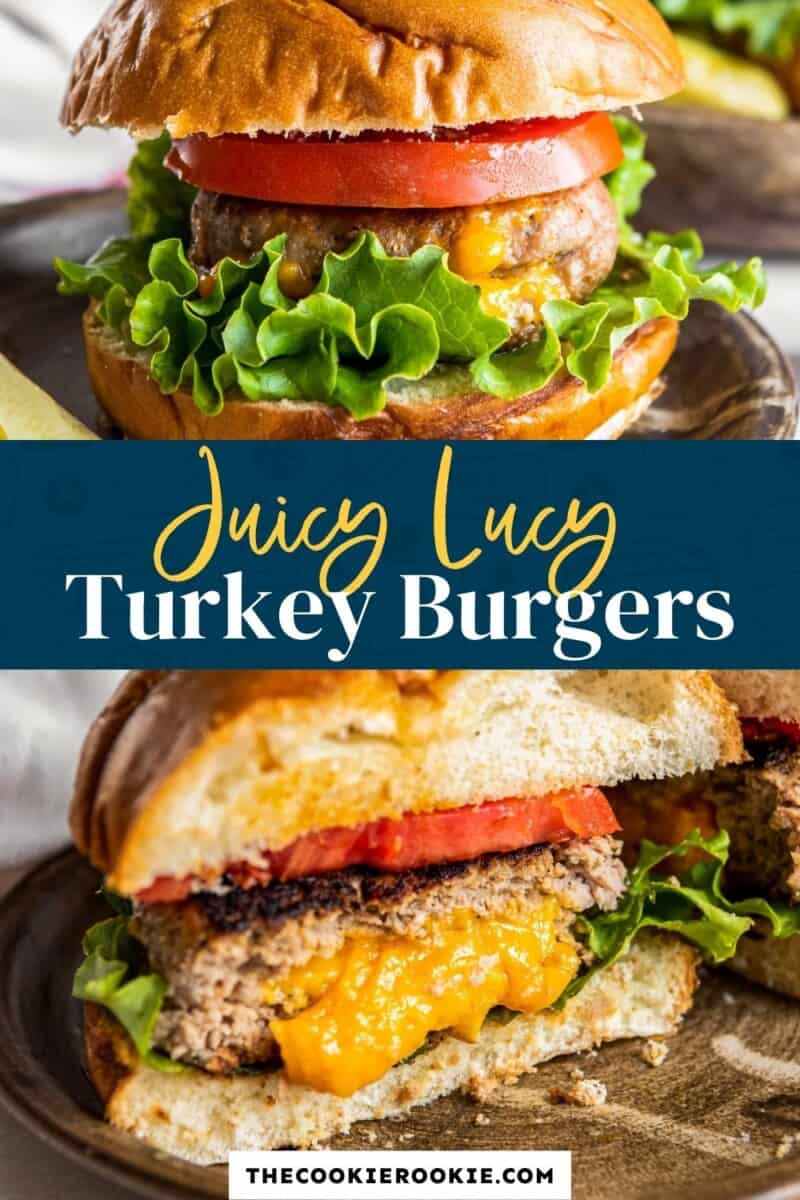 Juicy Lucy turkey burgers on a plate.