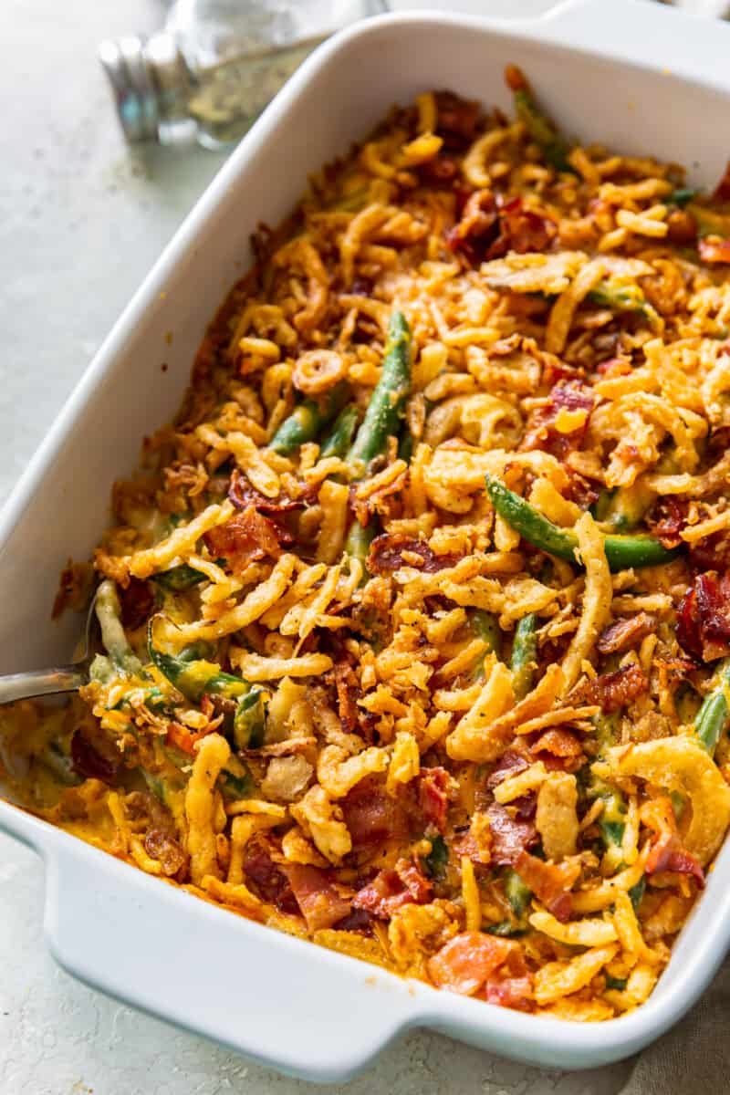 loaded green bean casserole in baking dish