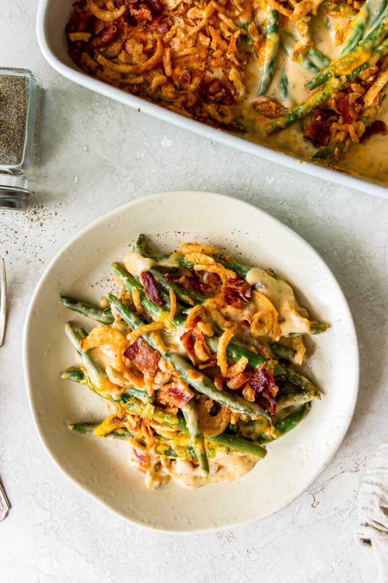 plate of loaded green bean casserole