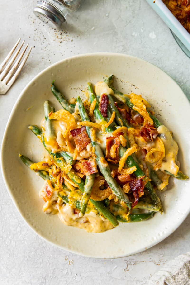 plate of loaded green bean casserole