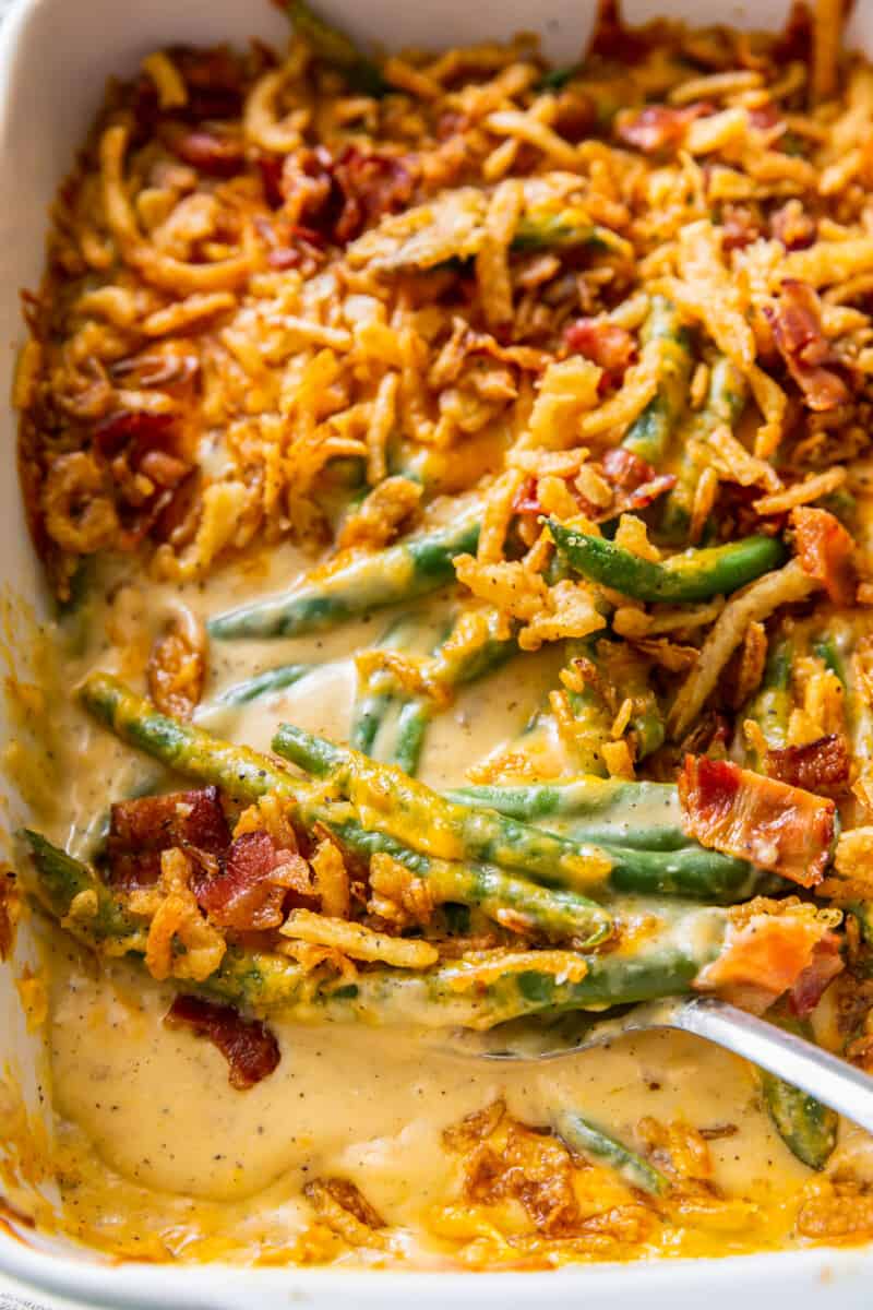 loaded green bean casserole in baking dish