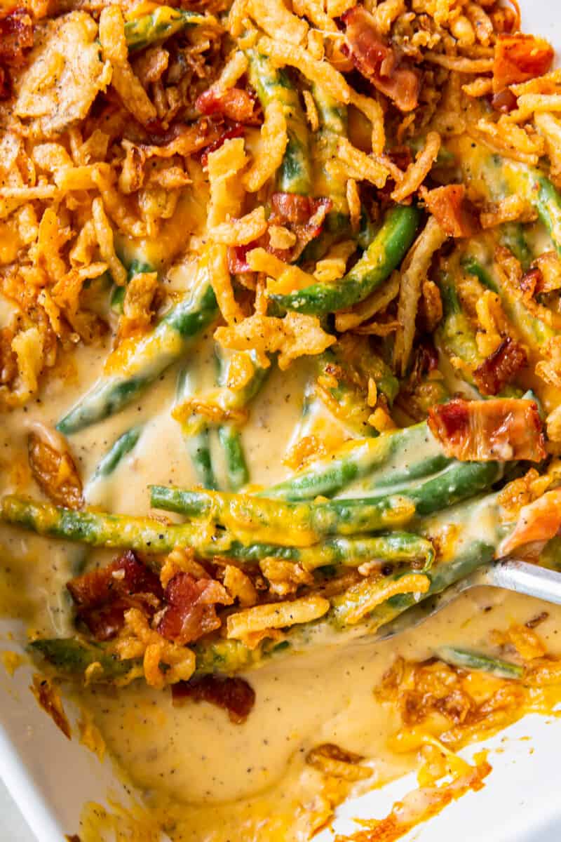 loaded green bean casserole in baking dish