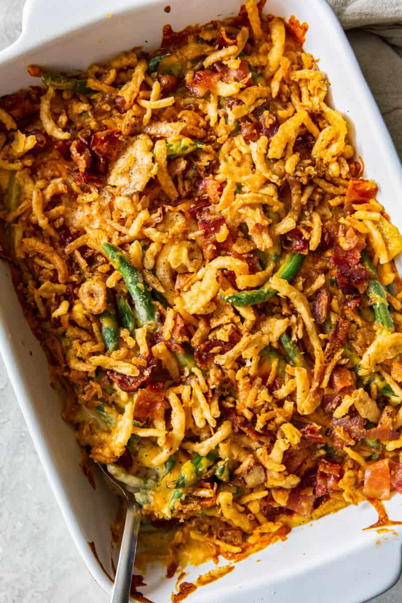 overhead loaded green bean casserole in baking dish