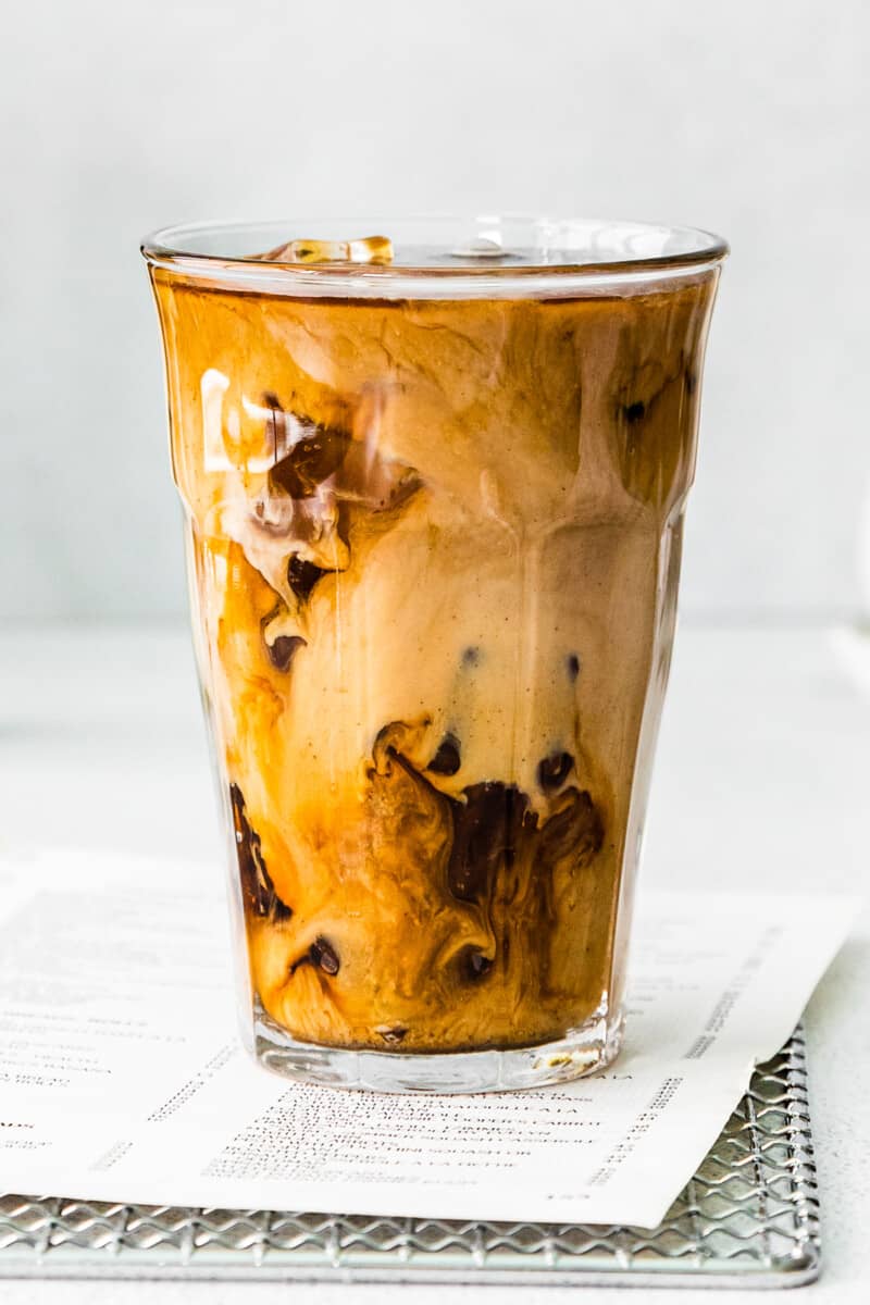 up close pumpkin cream cold brew in glass cup