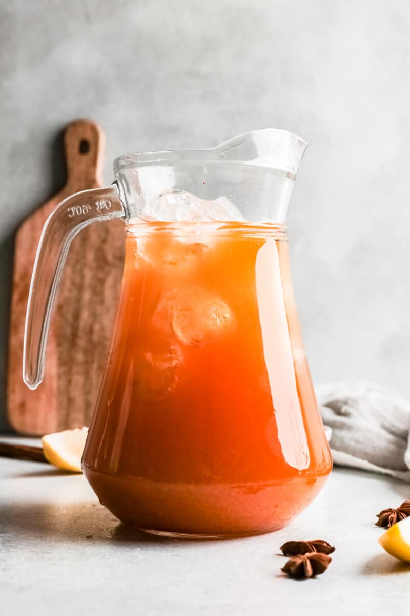 pitcher of pumpkin whiskey smash cocktails