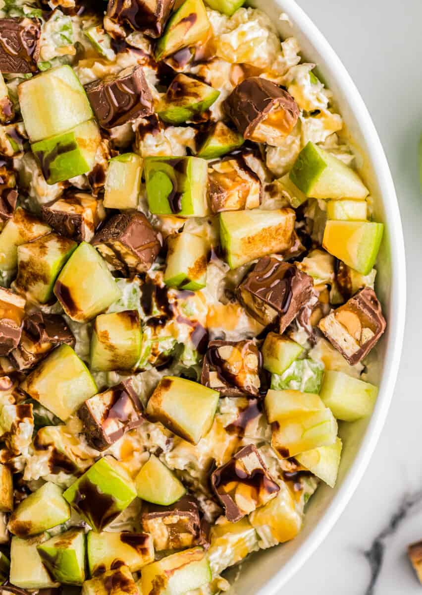 up close bowl of snickers apple salad