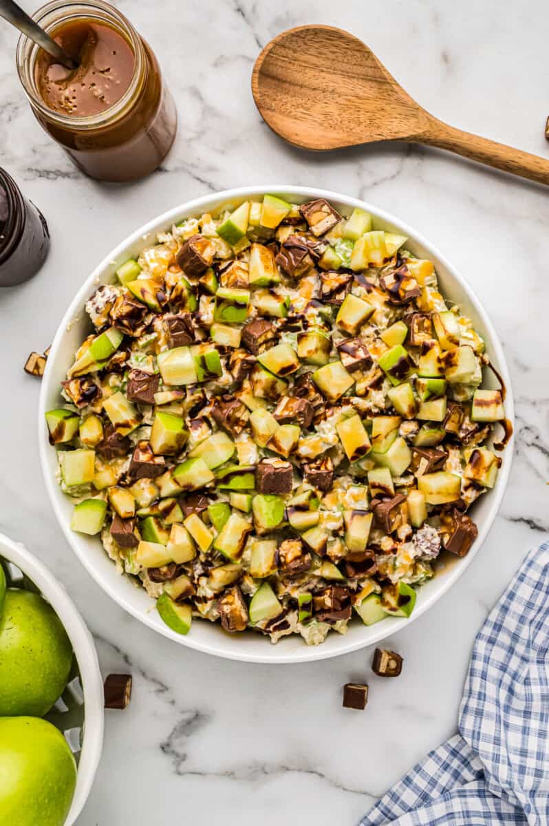 large bowl with snickers apple salad