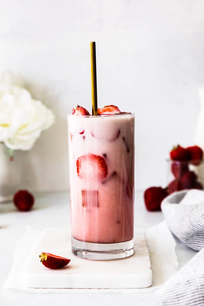 starbucks pink drink with fresh strawberries