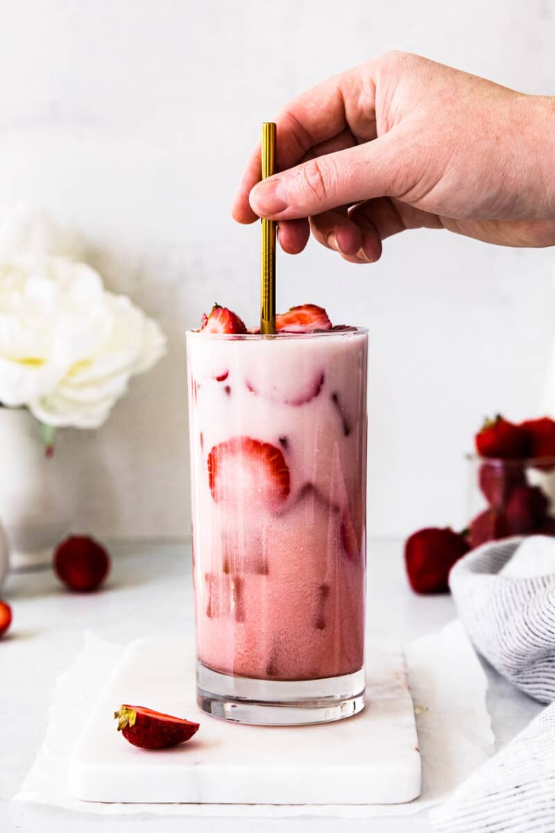 starbucks pink drink with fresh strawberries