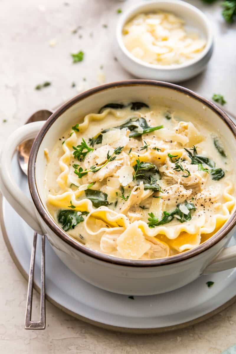 bowl of white chicken lasagna soup