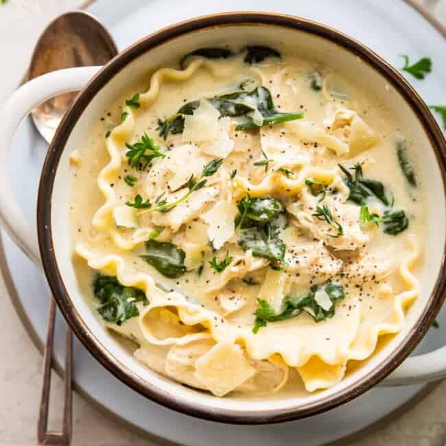 overhead bowl of white chicken lasagna soup