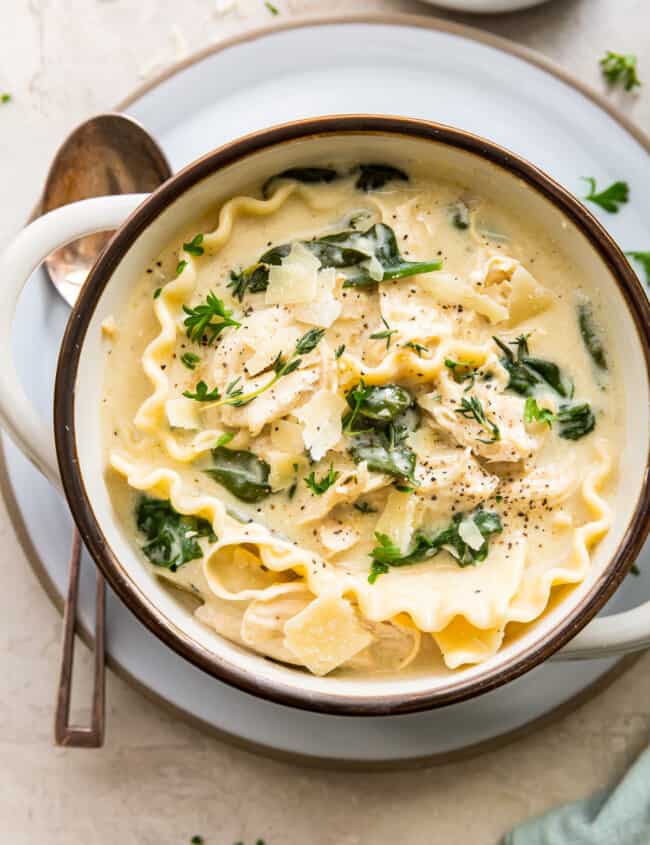 overhead bowl of white chicken lasagna soup
