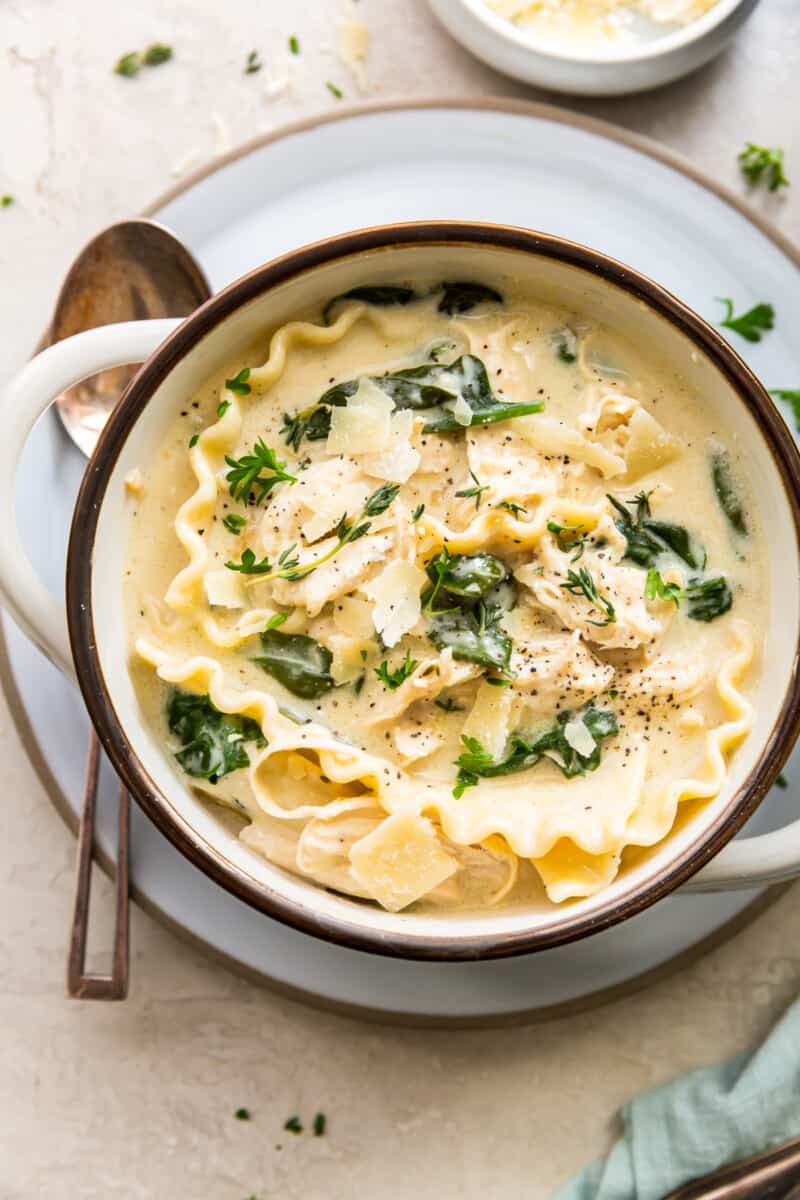 overhead bowl of white chicken lasagna soup