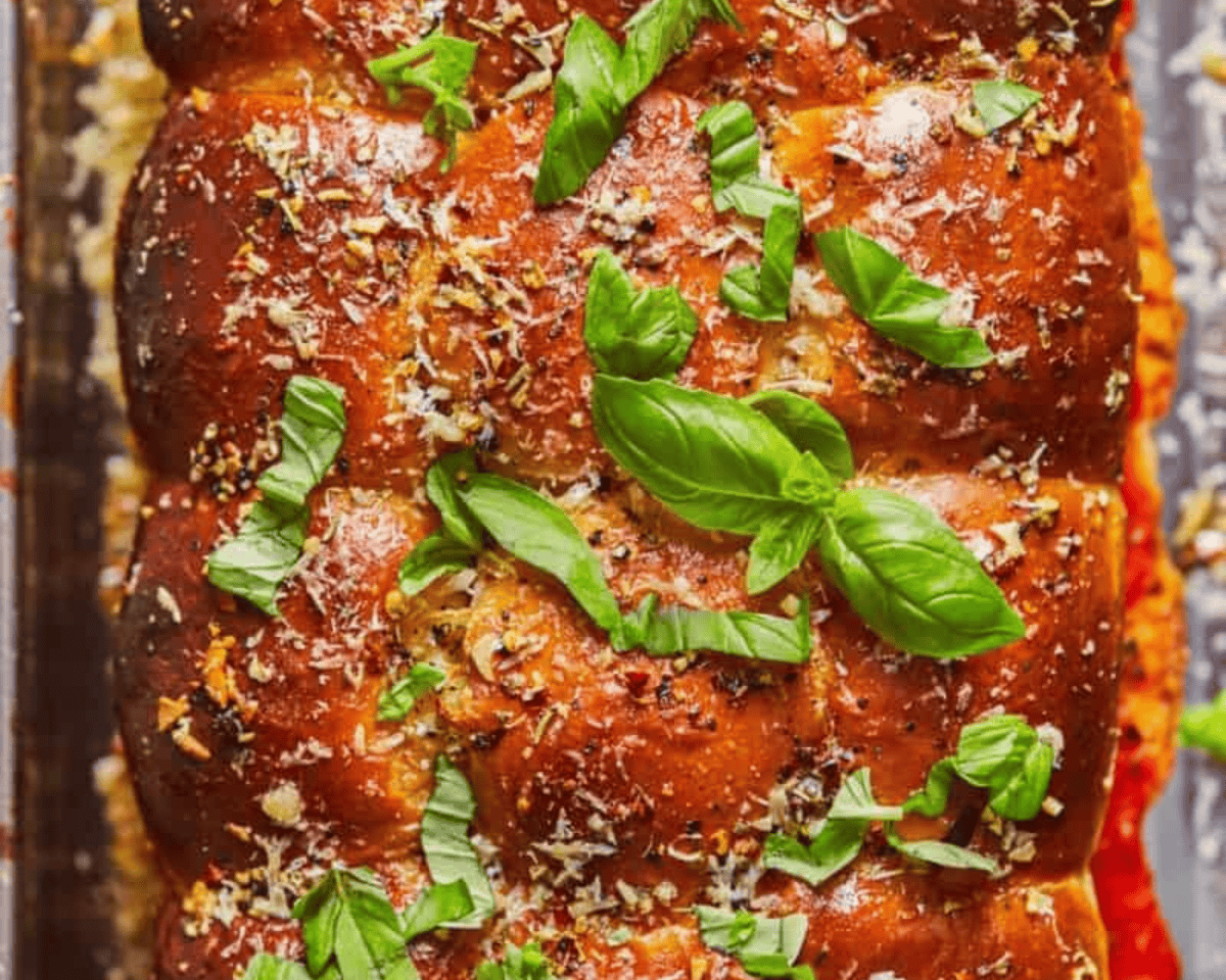 Baked buns garnished with fresh basil.