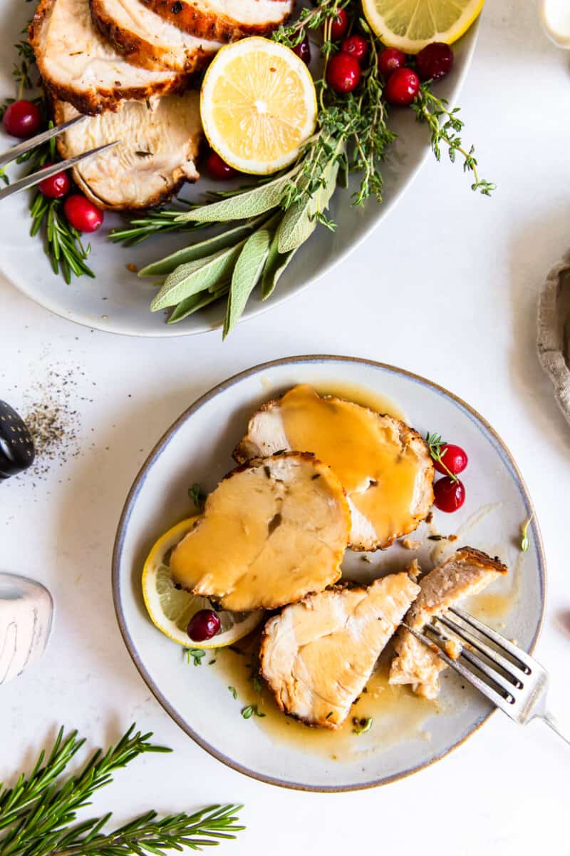 air fryer turkey breast with gravy on white plate