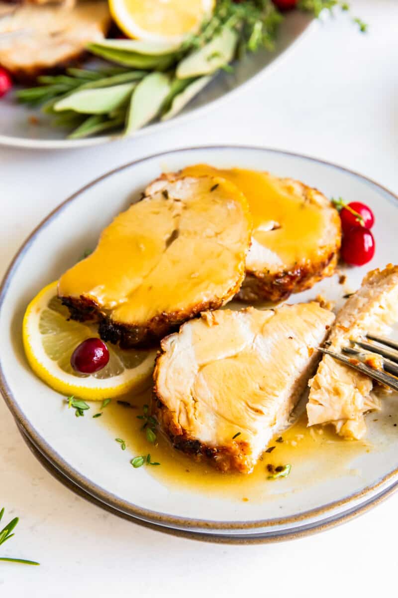 air fryer turkey breast with gravy on white plate