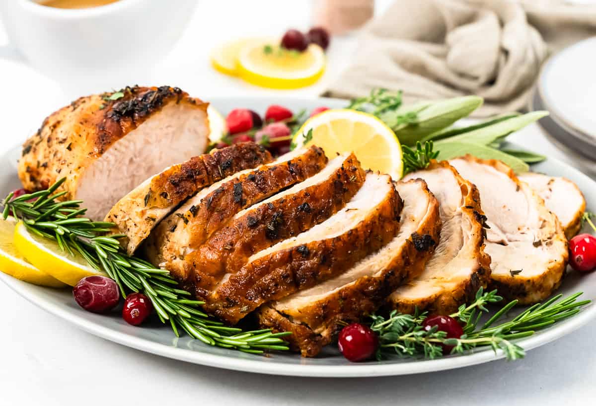 platter with slices of air fryer turkey breast