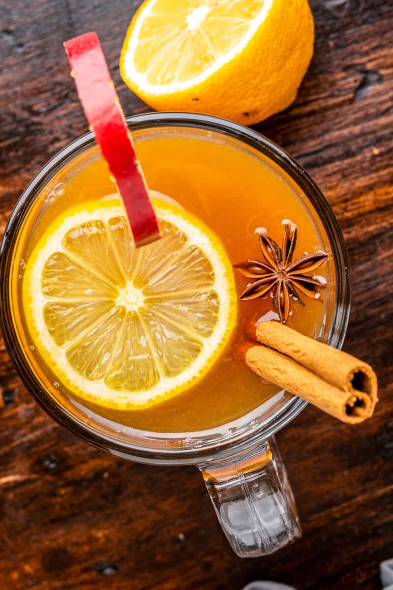 overhead apple cider hot toddy with cinnamon