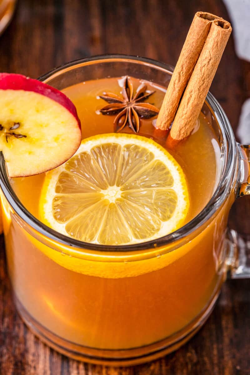 up close apple cider hot toddy with lemon and cinnamon