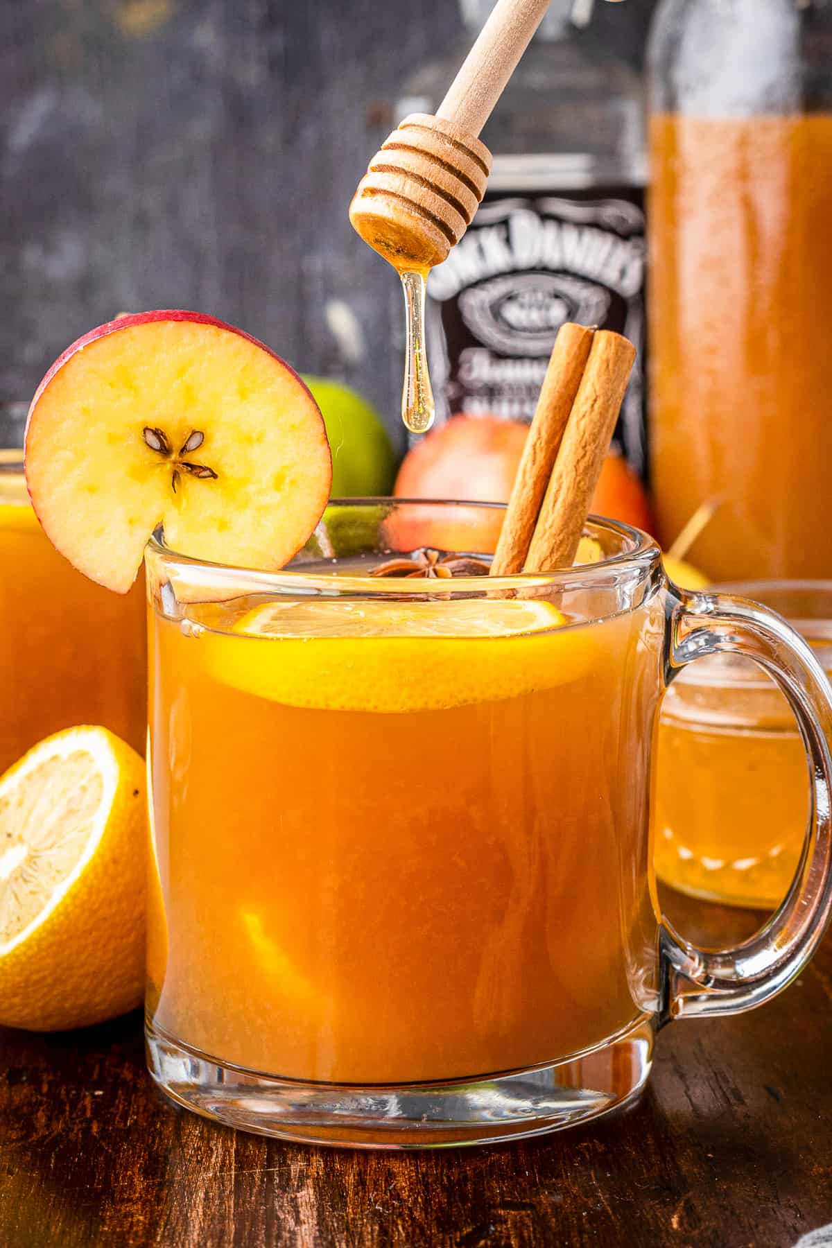 clear glass mug with apple cider hot toddy