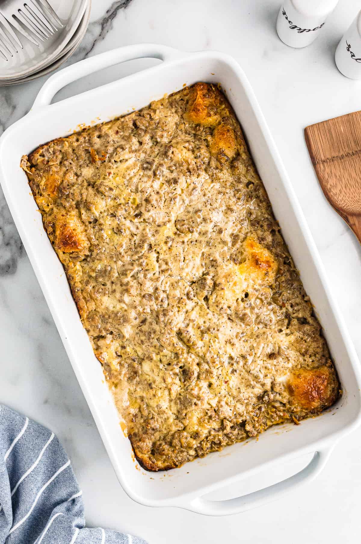 biscuits and gravy casserole in a white baking pan