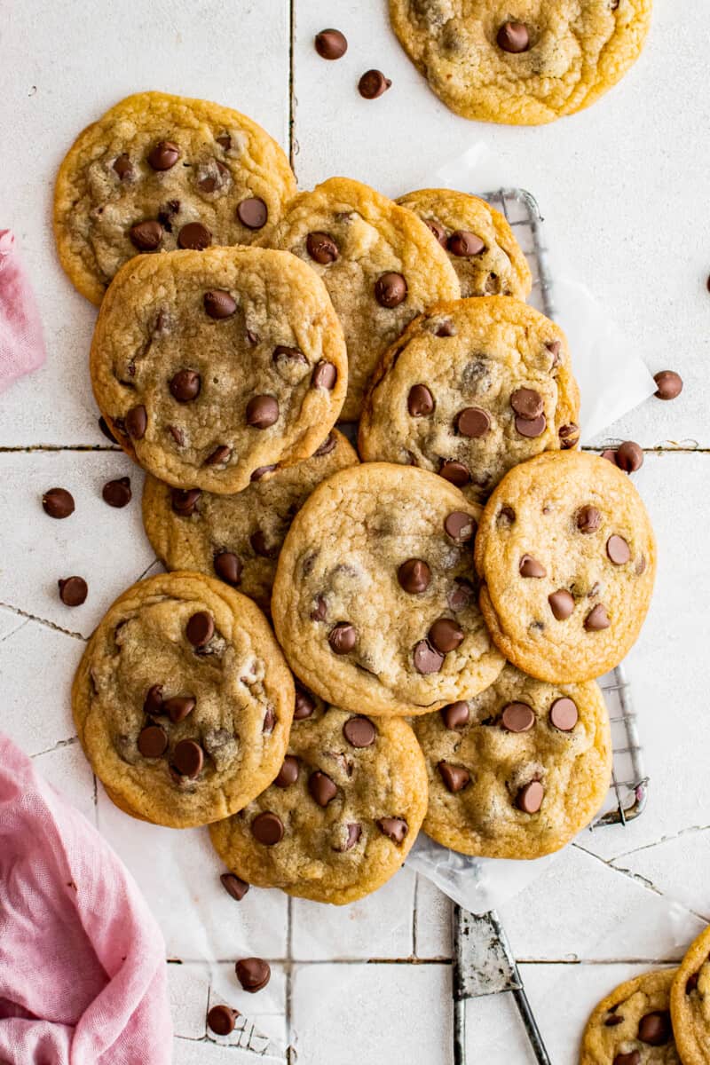 overhead image of brown butter chocolate chip cookies