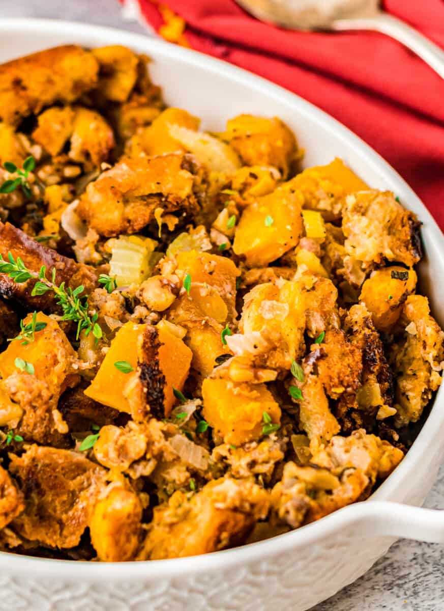 sausage butternut squash stuffing in baking dish