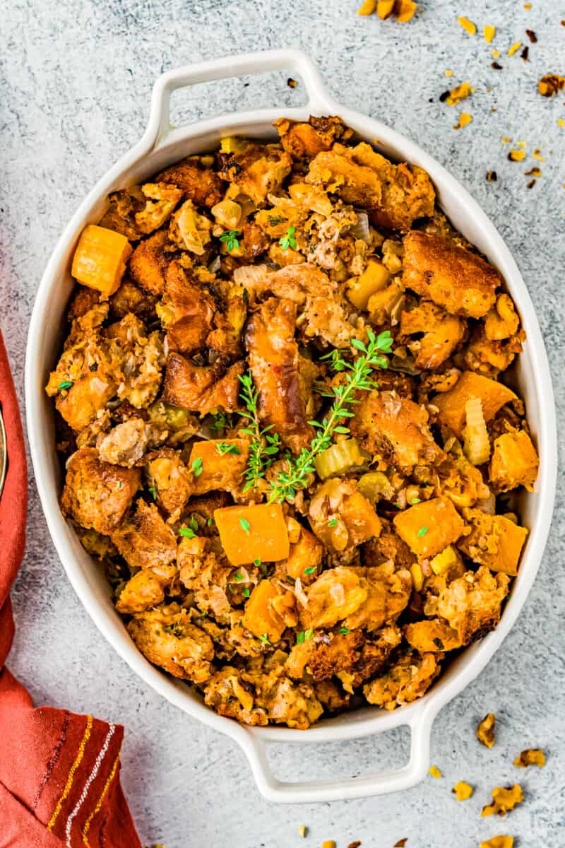 overhead baking dish with butternut squash stuffing