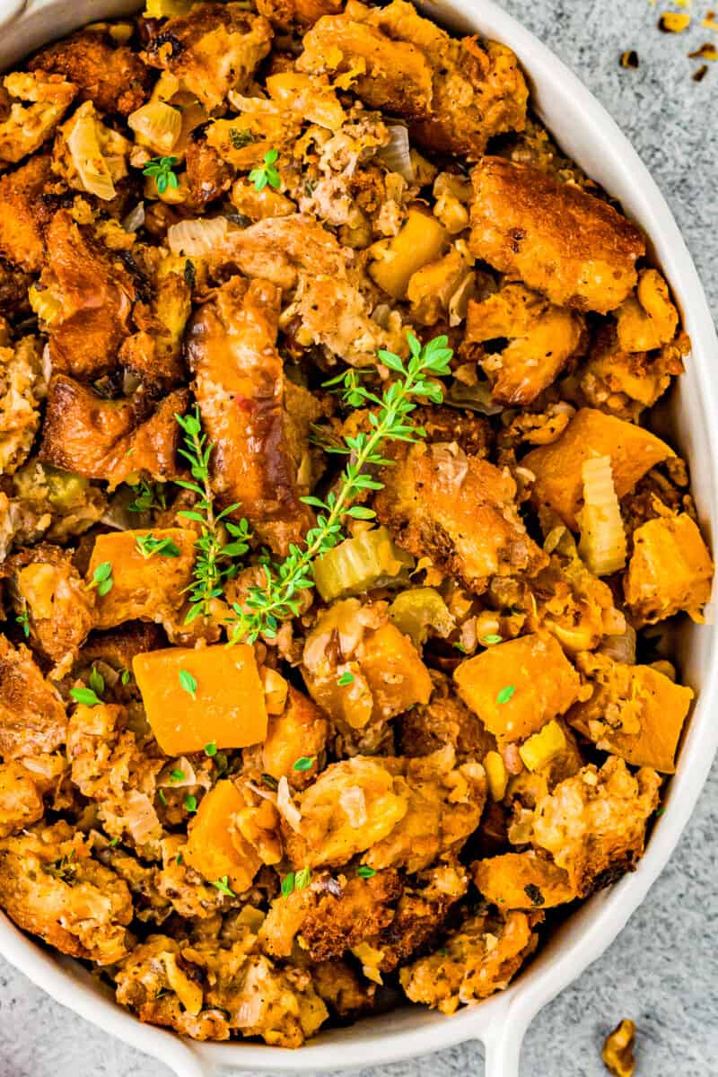 up close overhead baking dish with butternut squash stuffing