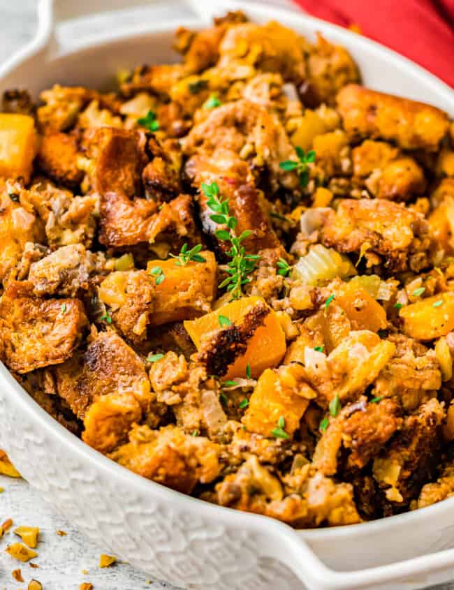 overhead baking dish with butternut squash stuffing