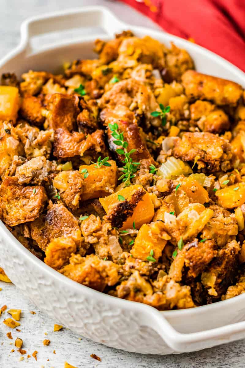 overhead baking dish with butternut squash stuffing