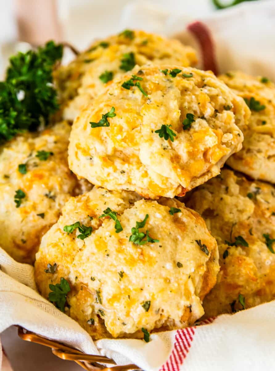 up close basket with cheddar bay biscuits