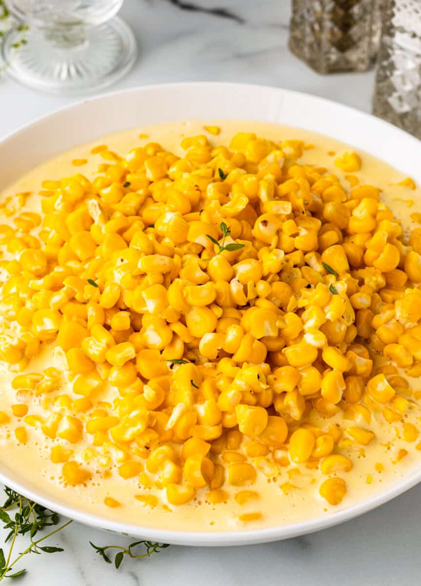 large white bowl with creamed corn