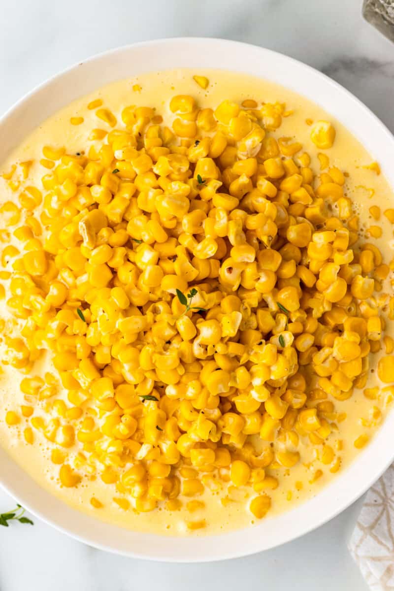 overhead large white bowl with creamed corn