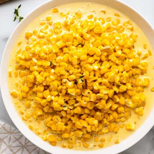 white glass bowl with creamed corn